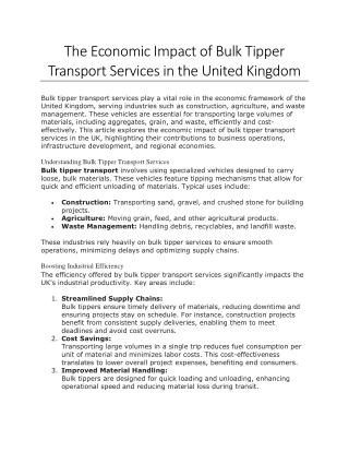 The Economic Impact of Bulk Tipper Transport Services in the United Kingdom