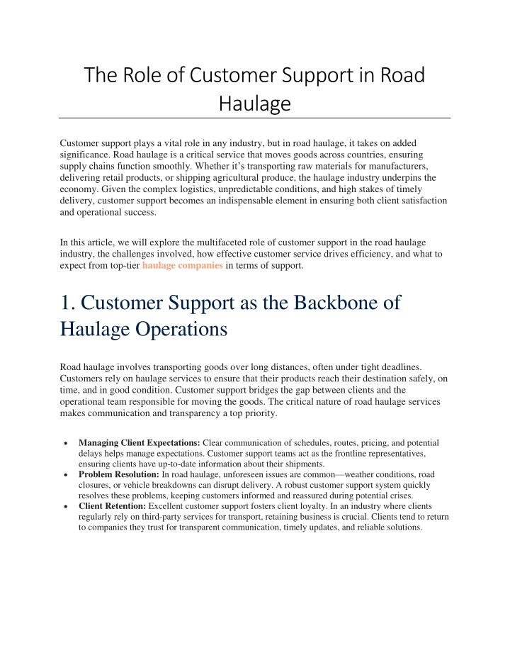 the role of customer support in road haulage