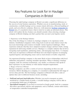 Key Features to Look for in Haulage Companies in Bristol