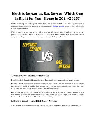 Electric Geyser vs. Gas Geyser: Which One is Right for Your Home in 2024-2025?