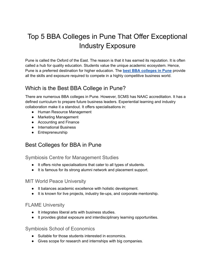 top 5 bba colleges in pune that offer exceptional