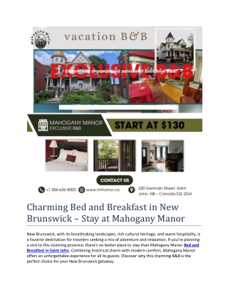 Charming Bed and Breakfast in New Brunswick – Stay at Mahogany Manor