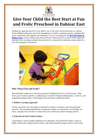 Best Preschool in Dahisar East - Fun and Frolic