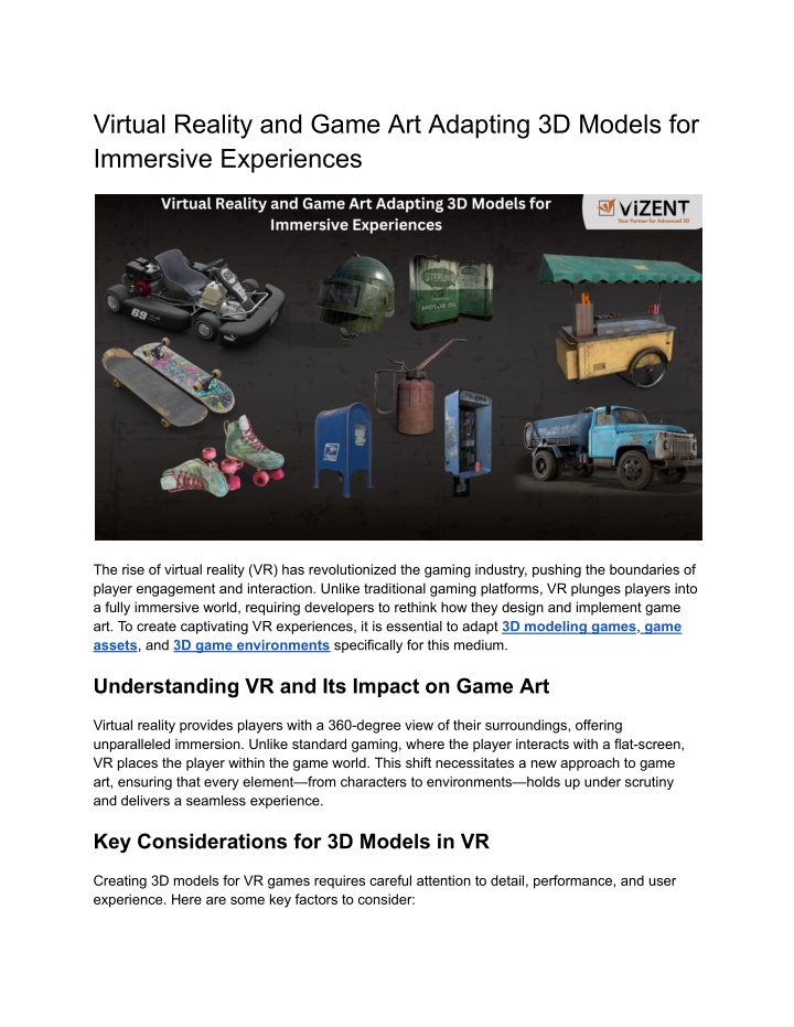 virtual reality and game art adapting 3d models