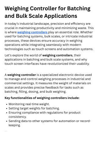 Weighing Controller for Batching and Bulk Scale Applications