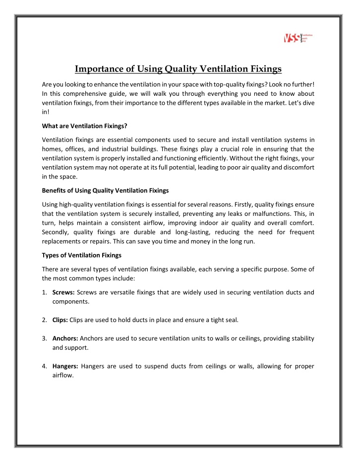 importance of using quality ventilation fixings