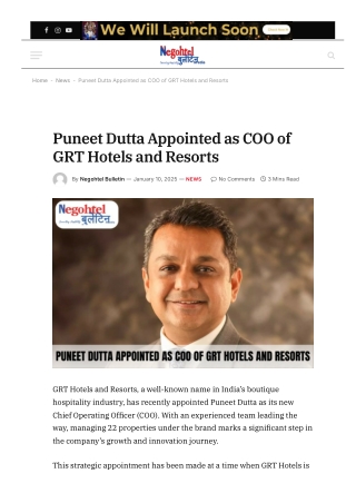 Puneet Dutta Appointed as COO of GRT Hotels and Resorts