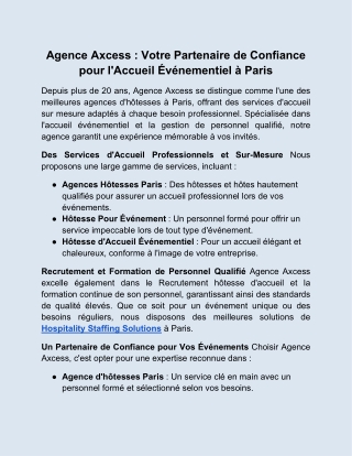 Agence Axcess : Accueil Événementiel de Confiance à Paris