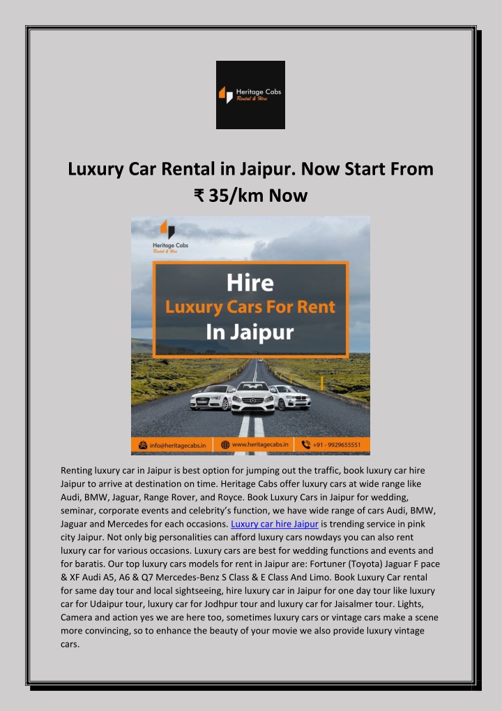 luxury car rental in jaipur now start from