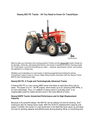 Swaraj 855 Tractor - All You Need to Know On TractorGyan