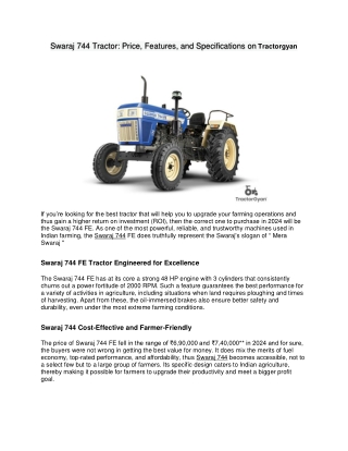 swaraj 744 tractor price features