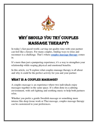 Why Should You Try Couples Massage Therapy?