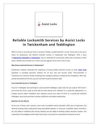 Locksmiths Twickenham | Emergency Locksmiths TW1 TW2 - Assist Locks