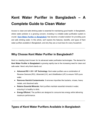 Kent Water Purifier in Bangladesh – A Complete Guide to Clean Water