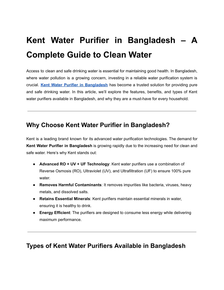 kent water purifier in bangladesh a