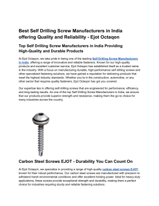 Best Self Drilling Screw Manufacturers in India - Ejot Octaqon