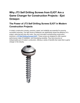 Why JT3 Self Drilling Screws from EJOT Are a Game Changer for Construction Projects - Ejot Octaqon