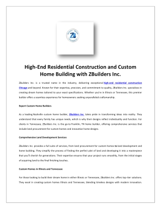 Custom Home Builder Service With Luxury Finishes In USA | Zbuilders