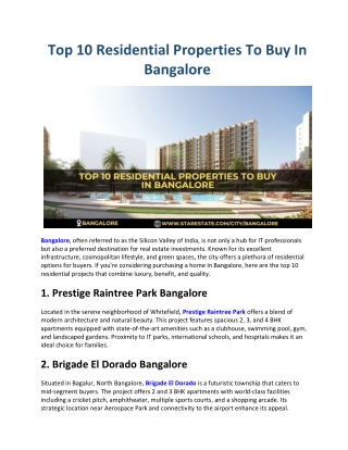 Top 10 Residential Properties To Buy In Bangalore