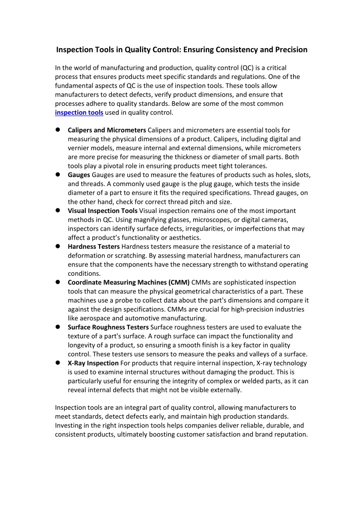 inspection tools in quality control ensuring