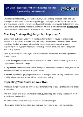 DIY Drain Inspections - When to Know It's Time for Pipe Relining in Chatswood