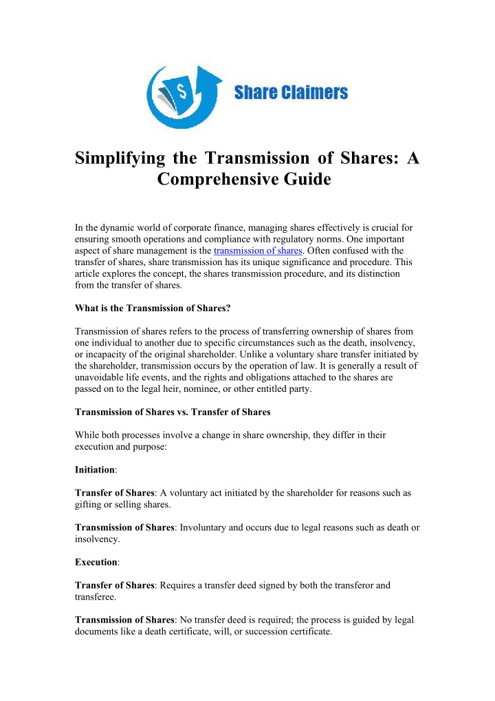 simplifying the transmission of shares