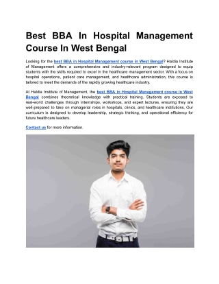 Best BBA In Hospital Management Course In West Bengal