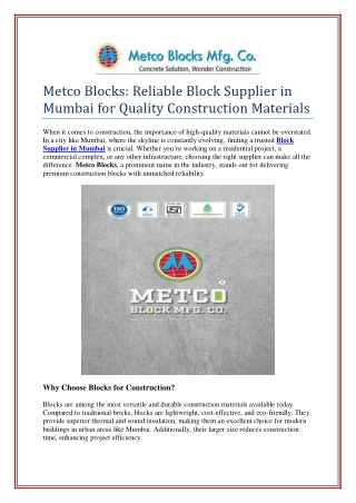 Metco Blocks: Reliable Block Supplier in Mumbai for Quality Construction Materia