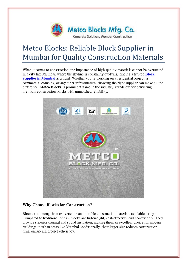 metco blocks reliable block supplier in mumbai