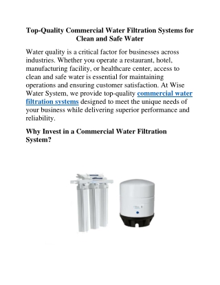 Top-Quality Commercial Water Filtration Systems for Clean and Safe Water