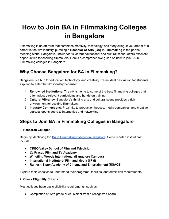 how to join ba in filmmaking colleges in bangalore