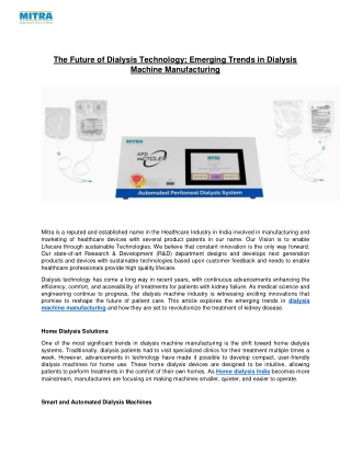 The Future of Dialysis Technology; Emerging Trends in Dialysis Machine Manufactu