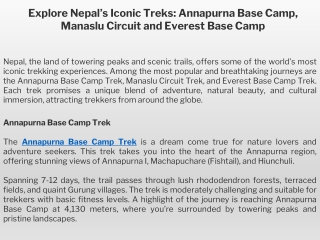 Explore Nepal’s Iconic Treks Annapurna Base Camp, Manaslu Circuit and Everest Base Camp