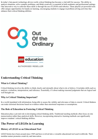 “Enhancing Critical Thinking Skills through LEGOs and Robotics”