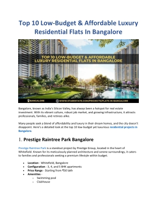 Top 10 Low-Budget & Affordable Luxury Residential Flats In Bangalore