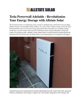 Tesla Powerwall Adelaide - Revolutionize Your Energy Storage with Allstate Solar