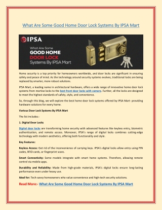 What Are Some Good Home Door Lock Systems By IPSA Mart