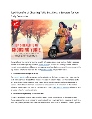 Top 5 Benefits of Choosing Yukie Best Electric Scooters for Your Daily Commute