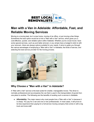 Man with a Van in Adelaide: Affordable, Fast, and Reliable Moving Services