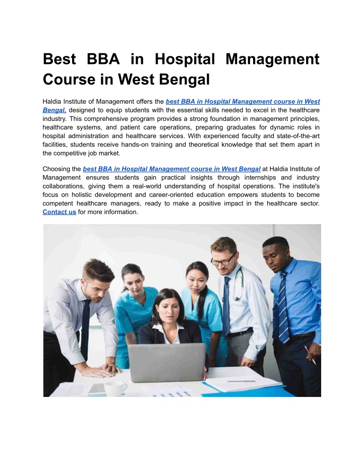 best bba in hospital management course in west