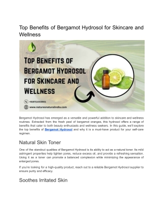 Top Benefits of Bergamot Hydrosol for Skincare and Wellness