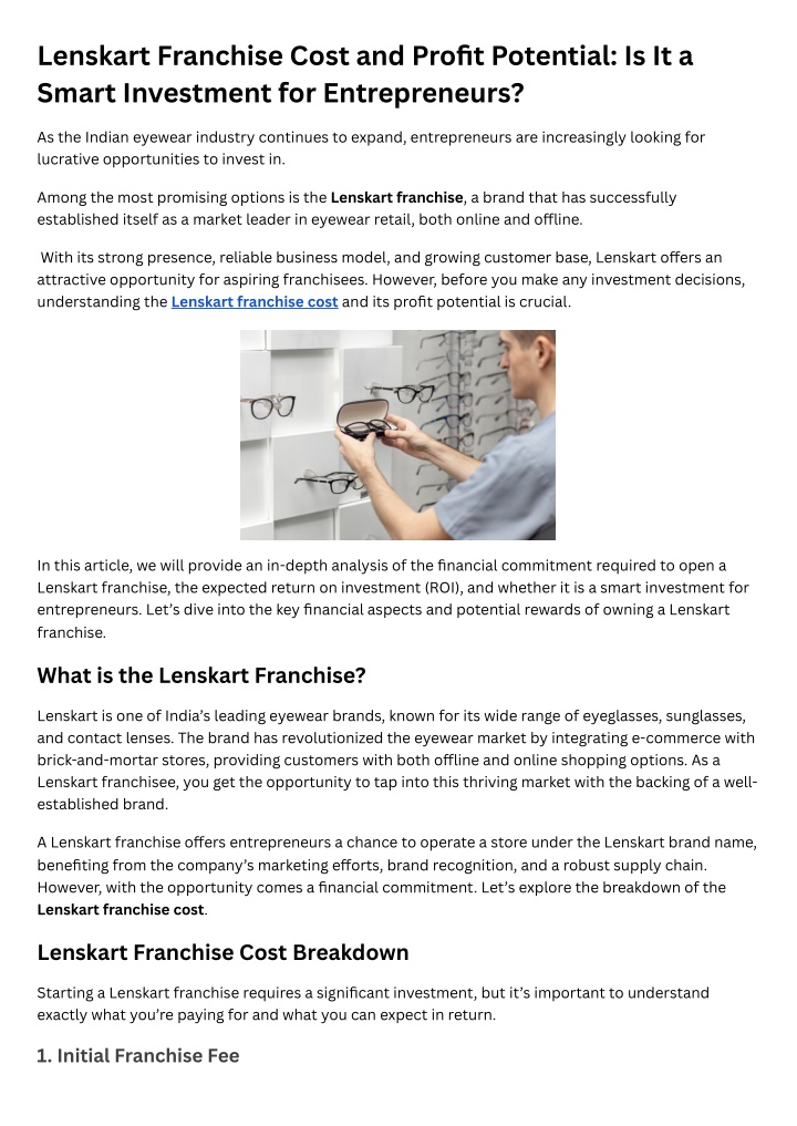 lenskart franchise cost and profit potential