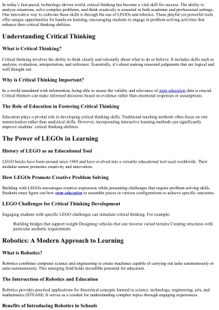 “Enhancing Critical Thinking Skills through LEGOs and Robotics”