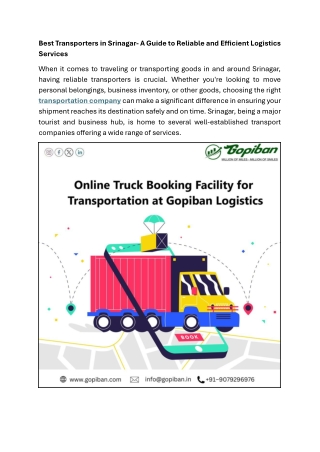 Best Transporters in Srinagar- A Guide to Reliable and Efficient Logistics Services