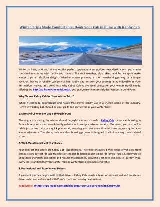 Winter Trips Made Comfortable: Book Your Cab in Pune with Kabby Cab