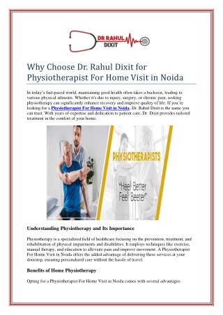 Why Choose Dr. Rahul Dixit for Physiotherapist For Home Visit in Noida