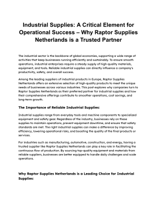 Industrial Supplies_ A Critical Element for Operational Success – Why Raptor Supplies Netherlands is a Trusted Partner