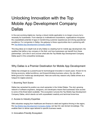 Unlocking Innovation with the Top Mobile App Development Company Dallas