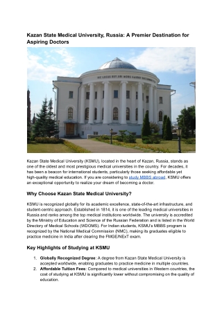 Kazan State Medical University, Russia: A Premier Destination for future Doctors