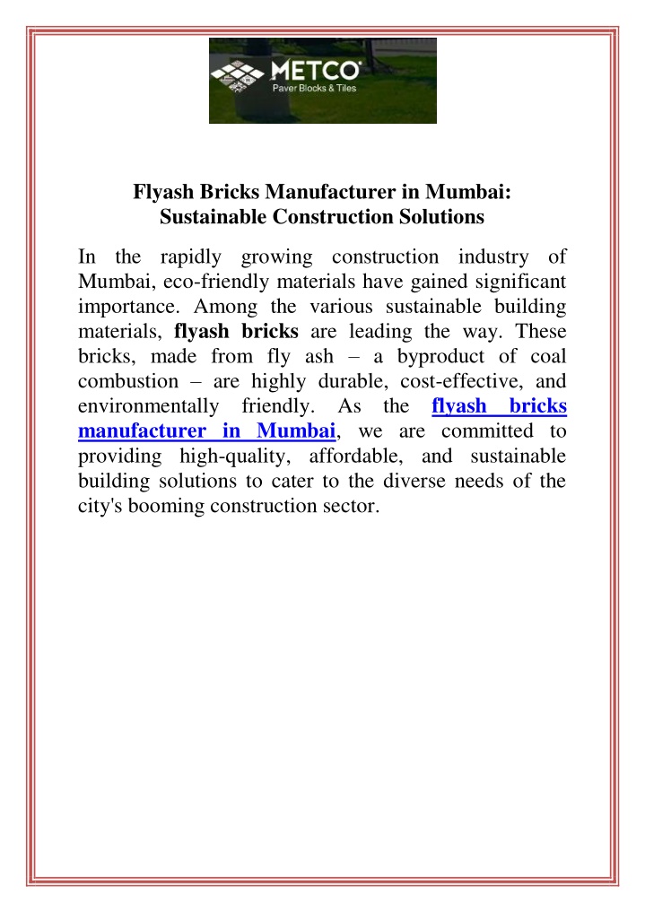 flyash bricks manufacturer in mumbai sustainable